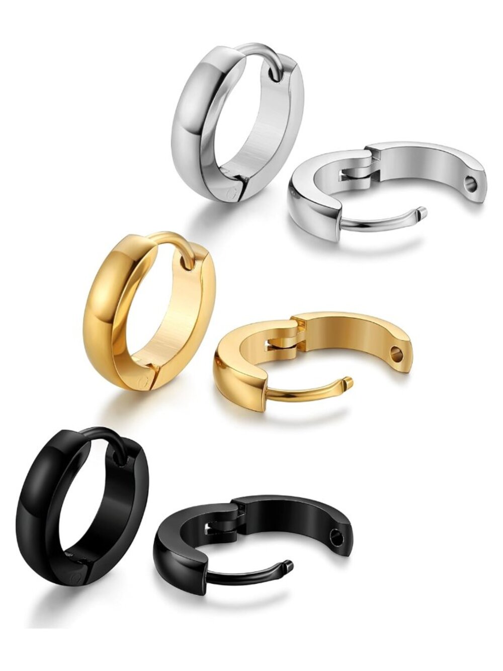 316L Stainless Steel Hoop Earrings 3 Pairs Hinged 12 16 20mm Huggie